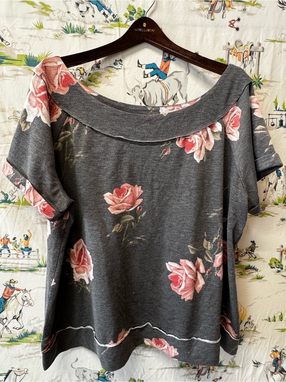 Maurices Gray Off-Shoulder Top with Pink Rose Print - size 2